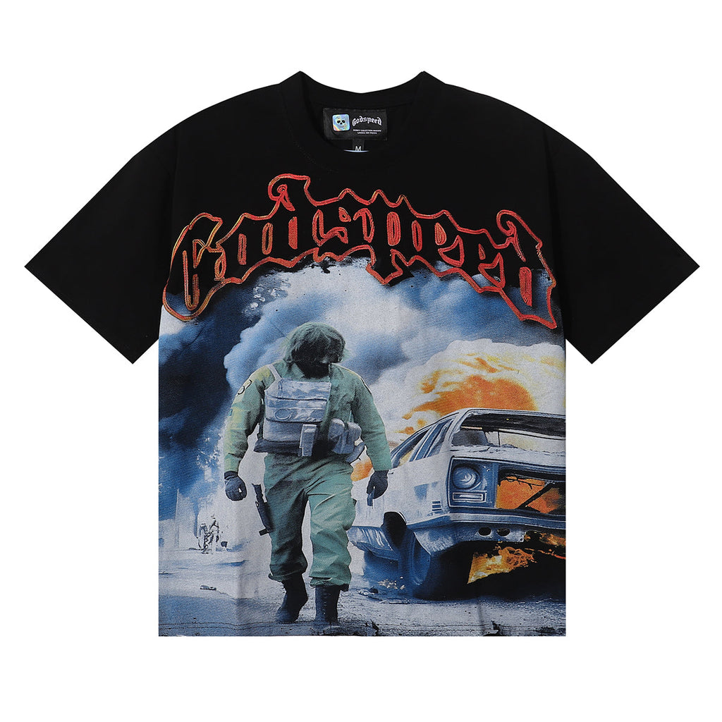 Godspeed T-shirts Fire Car Printing Cotton Casual Short Sleeves Men and Women