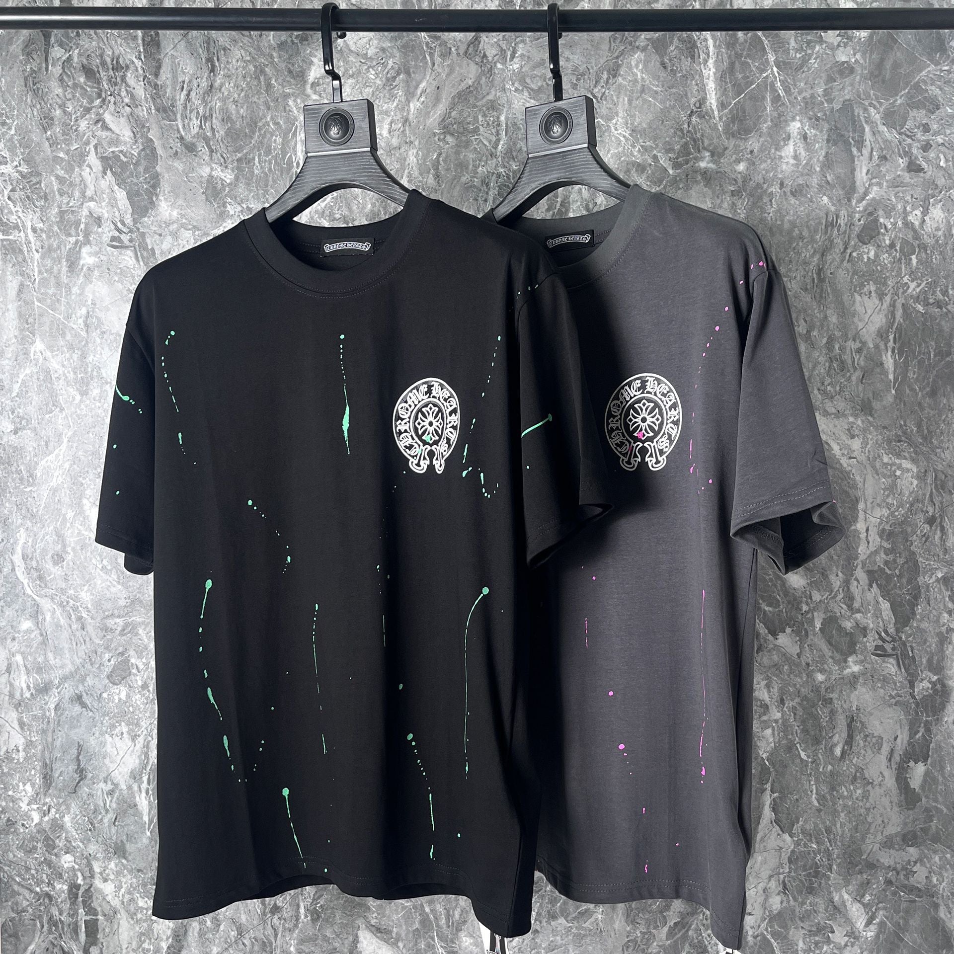 CHH Chrome Heart T Shirts Cross Leather Print Short Sleeve T-Shirt Loose