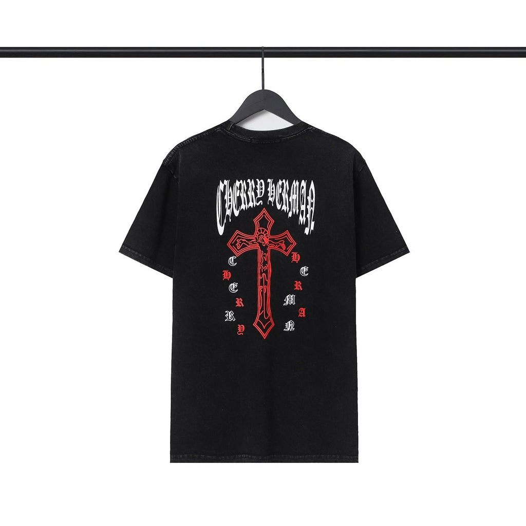 CHH Chrome Heart T Shirts Cross Sanskrit Printed Crew Neck Washed Short Sleeve Fashion T-Shirt