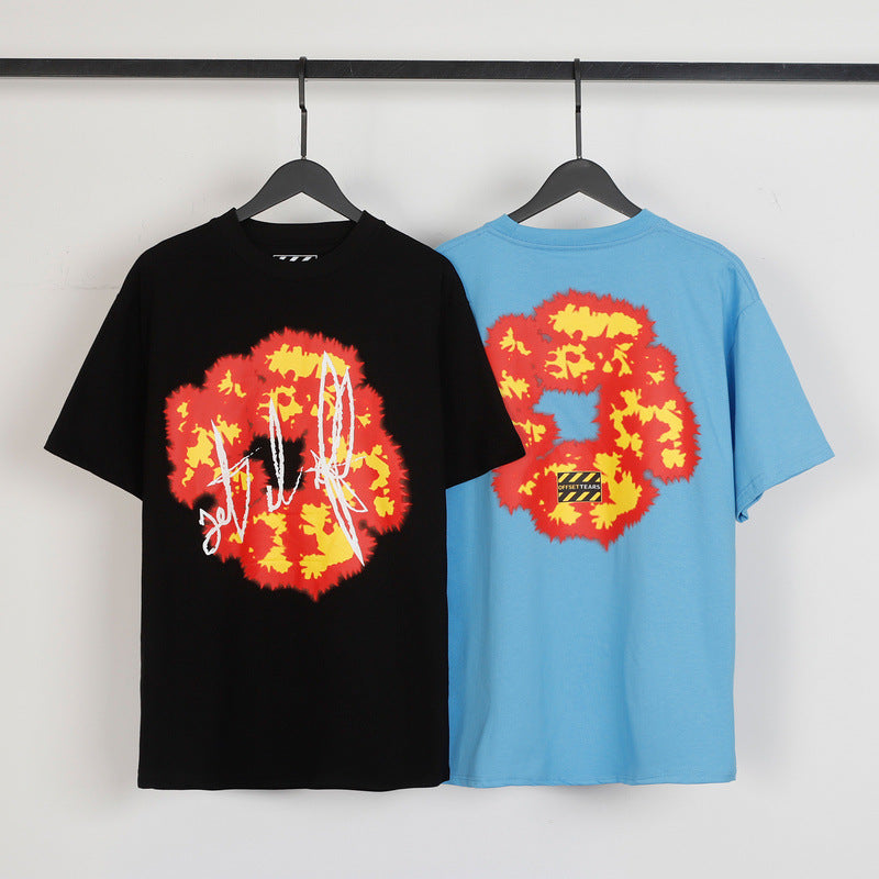 Denim Tears T-shirts Flame Wood Cotton Printed Loose Short Sleeve T-shirt